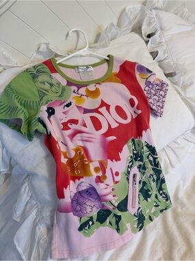 Christian Dior RARE Runway Multicolor Logo Graphic Tee - Pink & Green